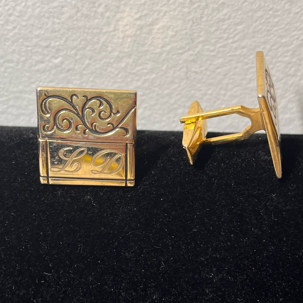 Vintage Gold Square Cufflinks with Engraved LD Design